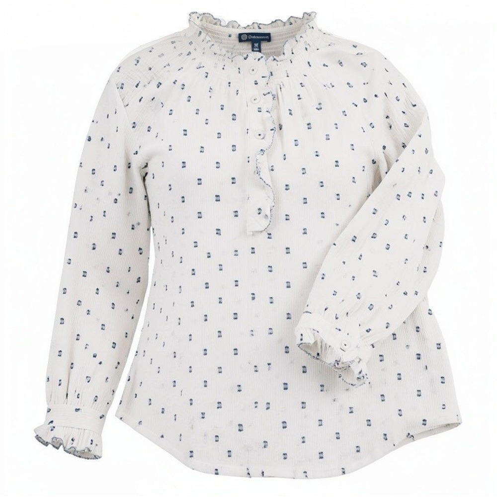 Democracy Womens Blue Dotted Gauze Ruffle Neck Smocked Long Sleeve Blouse Size M